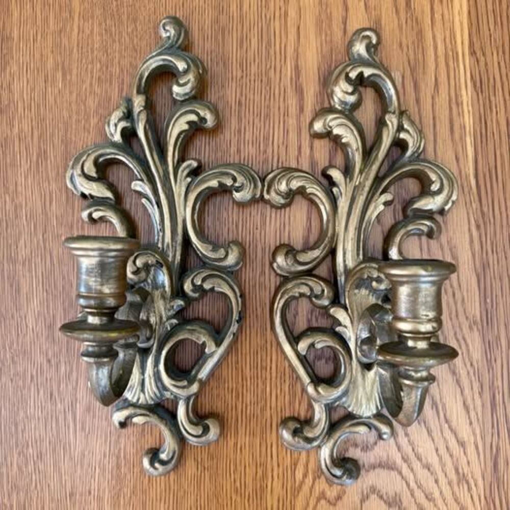 Vintage Gold Resin Wall Candle Holders Ornate Decorative Sconce Pair